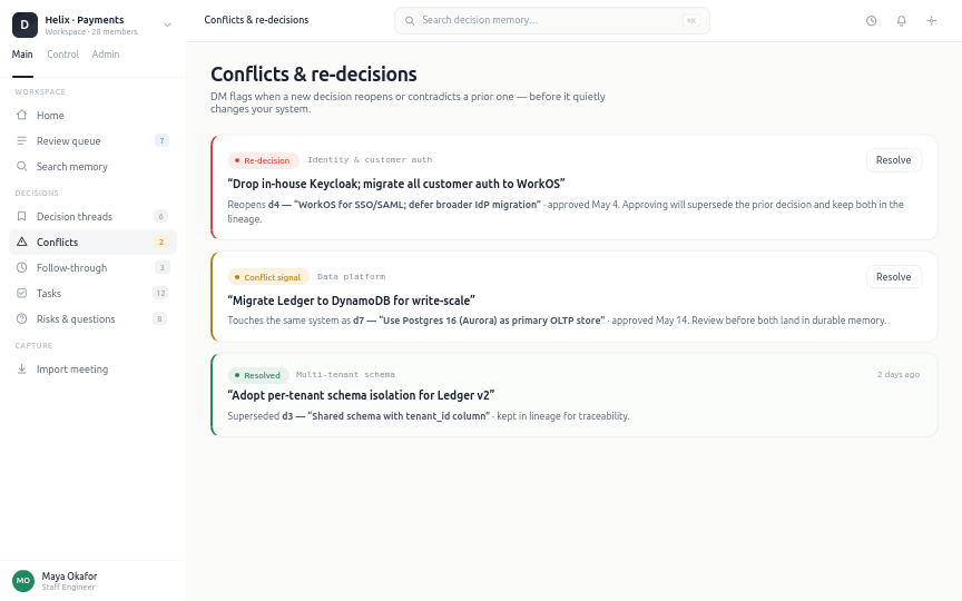 Decision Memory conflicts screen comparing prior and new decisions